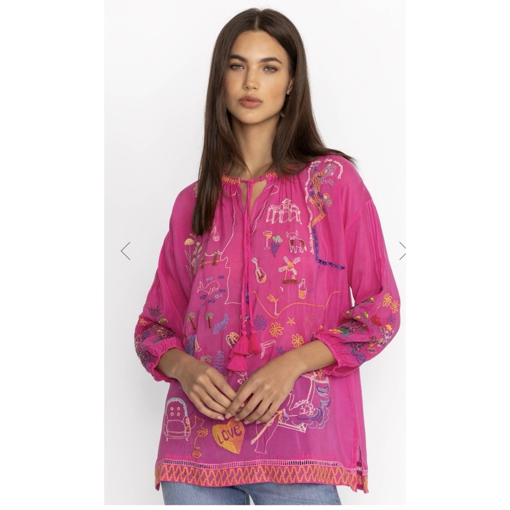 Johnny Was Zadonia Fatima Blouse Medium Fuchsia Pink Embroidered Boho Tunic Top